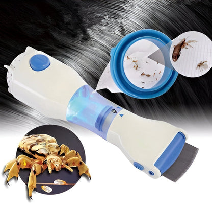 Gentle electric lice & nit removal comb with disposable filter, providing hygienic pest control for all hair types.