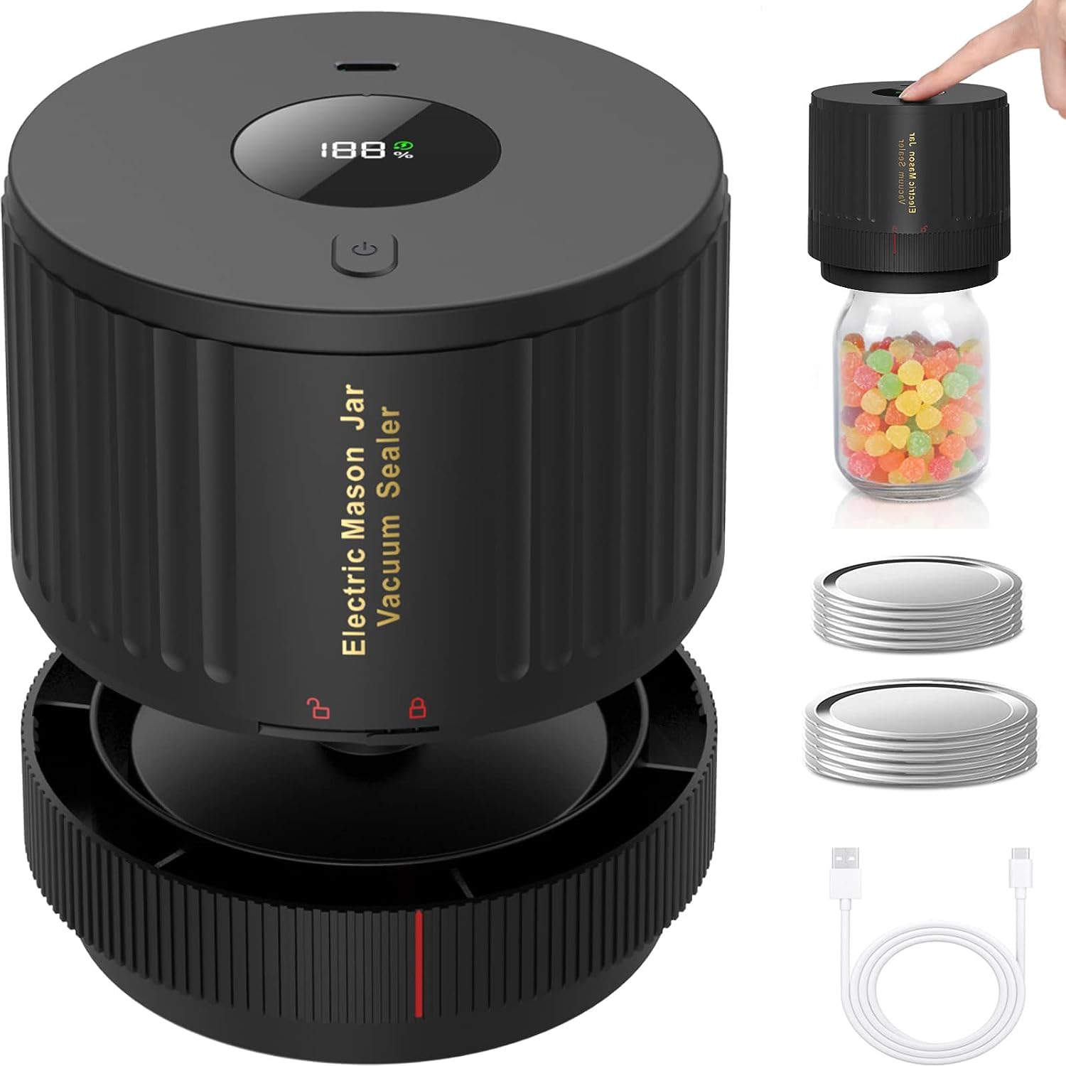 Electric Mason Jar Vacuum Sealer Kit, including a sealer, wide & regular mouth lids, for food preservation.