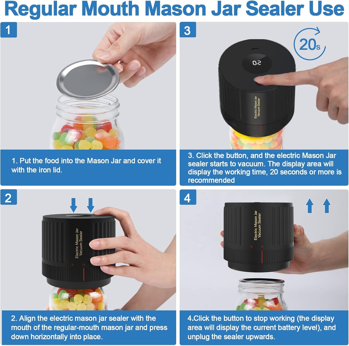 Fresh vegetables in a wide-mouth mason jar being vacuum-sealed by an electric sealer for optimal storage.