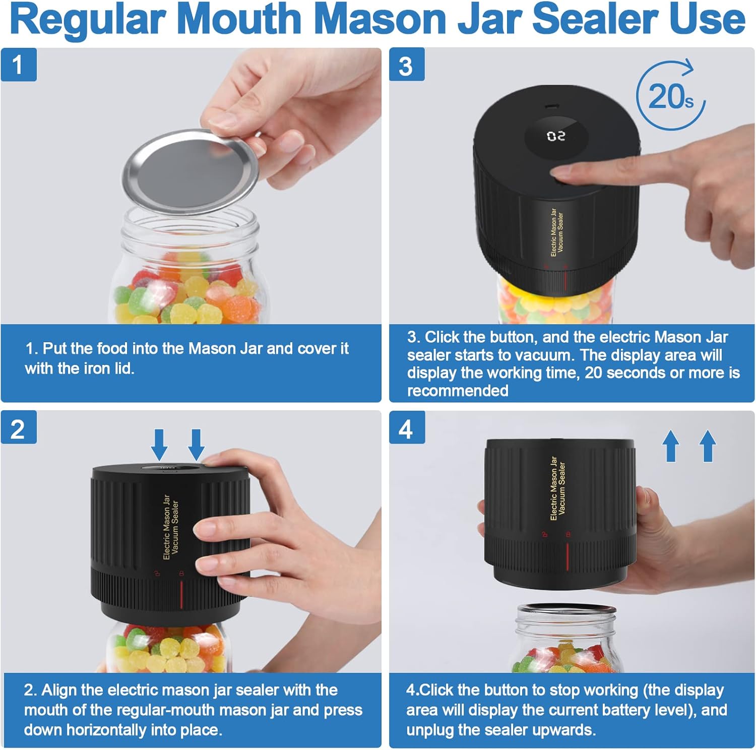 Fresh vegetables in a wide-mouth mason jar being vacuum-sealed by an electric sealer for optimal storage.