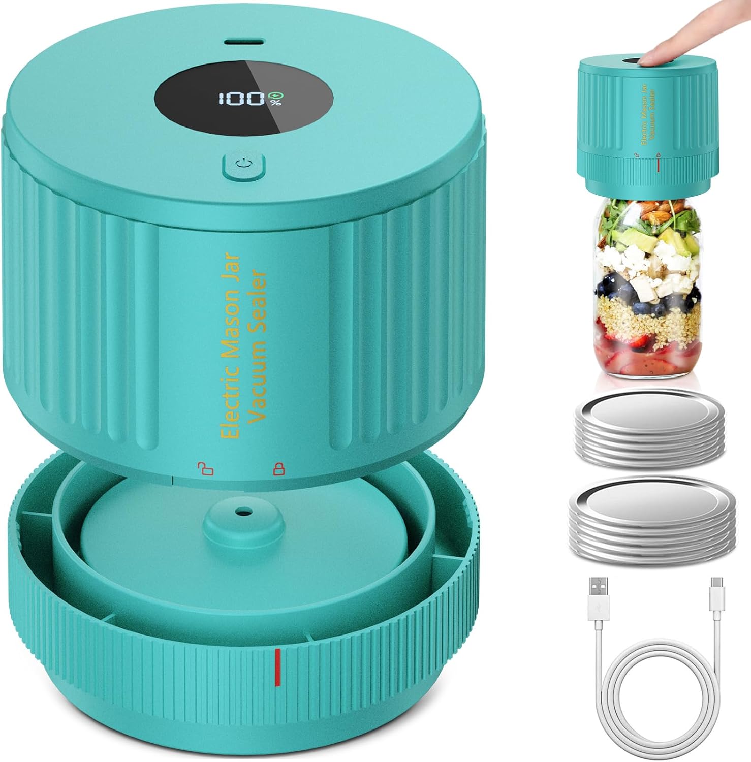 Hand holding electric mason jar vacuum sealer on a jar of pasta, ensuring airtight food storage.