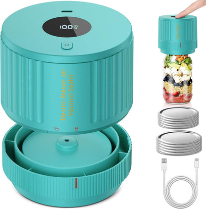 Hand holding electric mason jar vacuum sealer on a jar of pasta, ensuring airtight food storage.