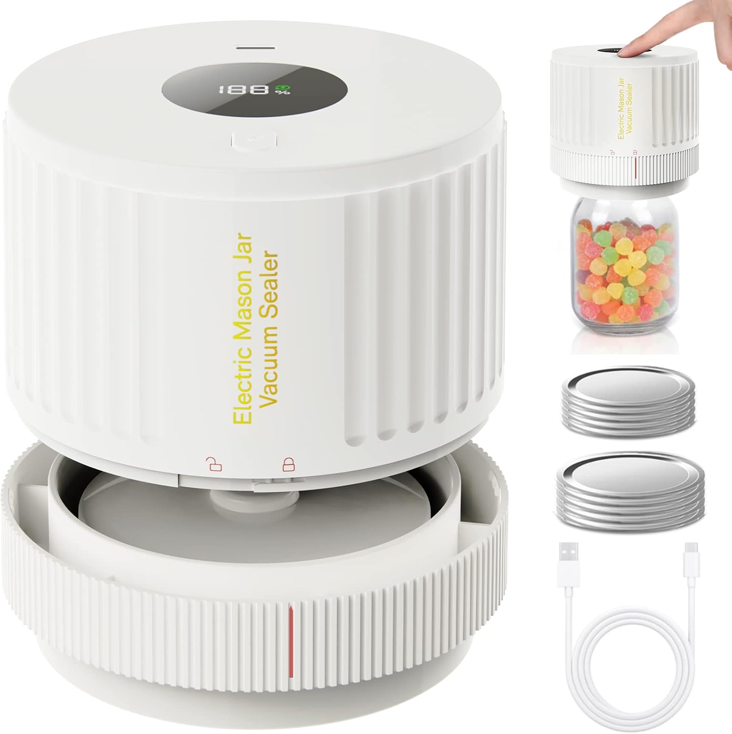 Close-up of electric mason jar sealer preserving fresh fruit in a wide-mouth jar, extending freshness.