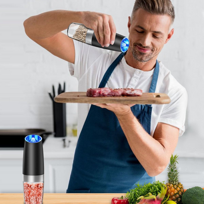 Electric pepper & salt mill set, rechargeable, sleek stainless steel design for modern kitchens.