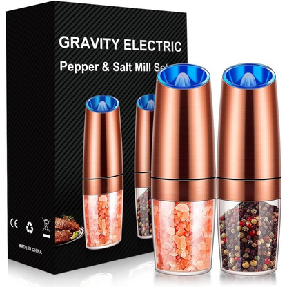 Automatic stainless steel salt and pepper grinders, rechargeable, with LED light for precision.