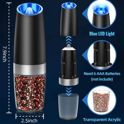 Elegant electric pepper & salt mill set, stainless steel, rechargeable, a must-have for home cooks.