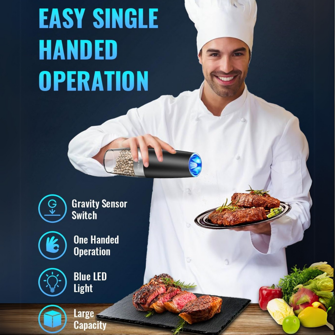 USB rechargeable electric pepper mill, durable stainless steel, for fresh ground spices every time.