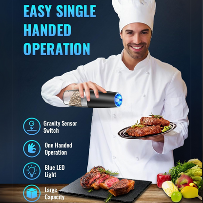 USB rechargeable electric pepper mill, durable stainless steel, for fresh ground spices every time.