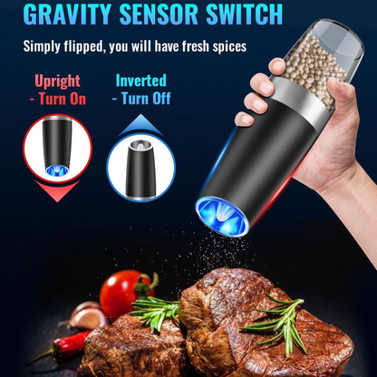 Contemporary electric salt grinder, stainless steel, rechargeable, enhances your cooking experience.