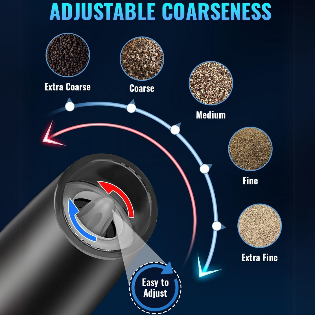 Electric seasoning grinder set, rechargeable, stainless steel housing, ideal for kitchen and dining.