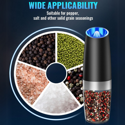 Rechargeable electric pepper & salt mills, stainless steel, one-button operation, easy to clean.