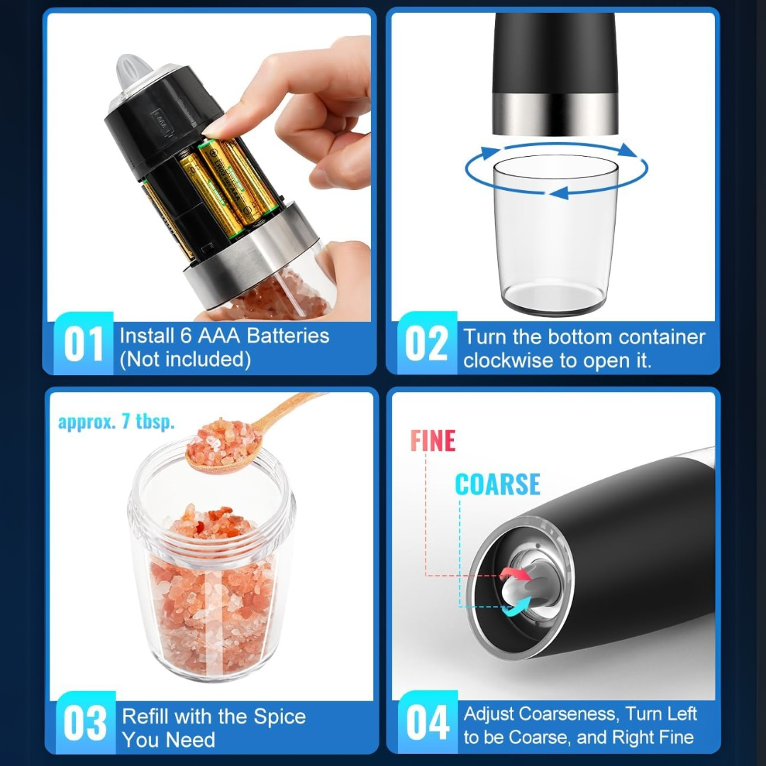 Sleek electric salt and pepper grinders, rechargeable, stainless steel, brings convenience to your kitchen.