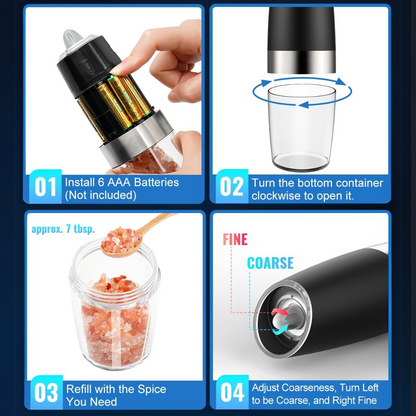 Sleek electric salt and pepper grinders, rechargeable, stainless steel, brings convenience to your kitchen.