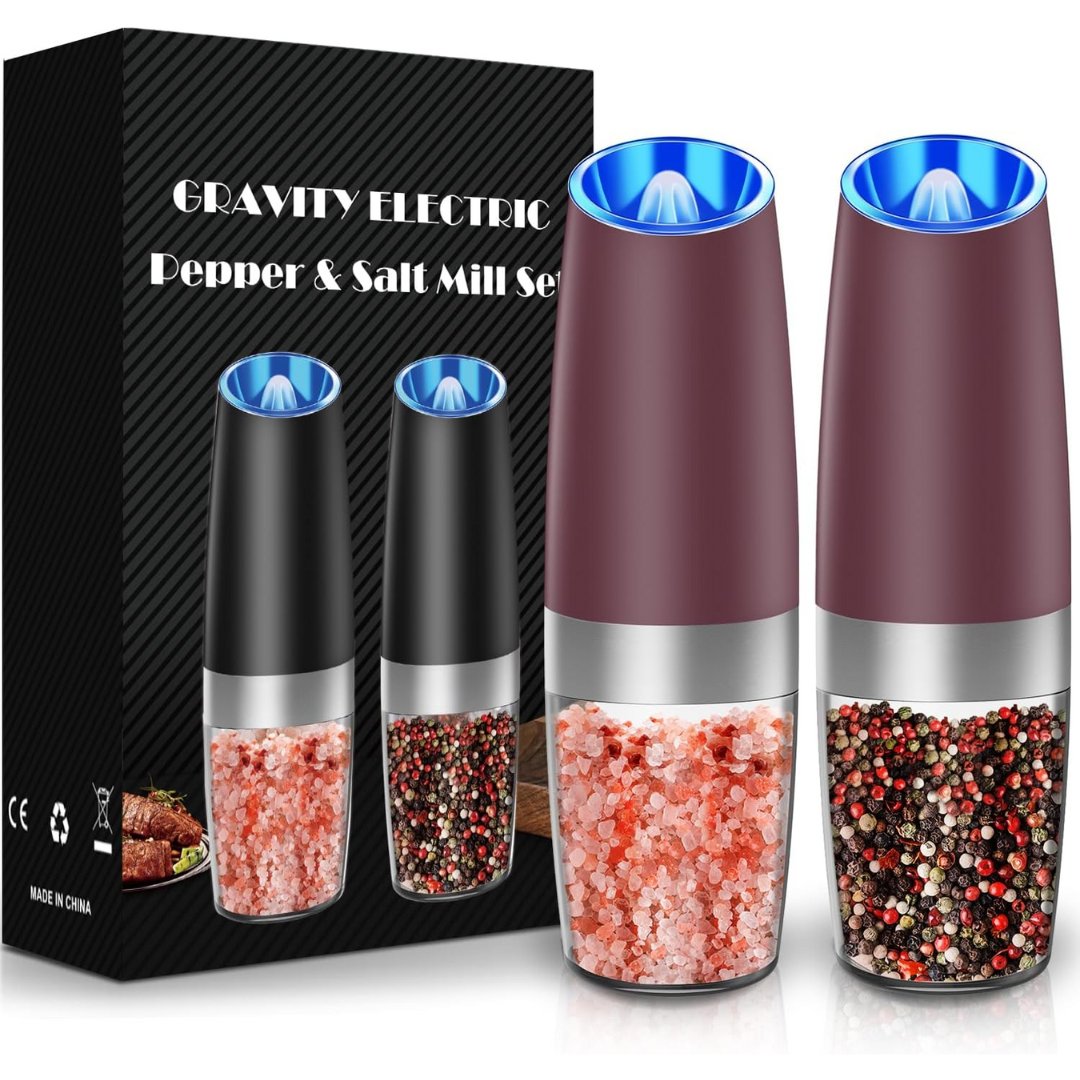 Rechargeable electric salt grinder, stainless steel, perfect for easy seasoning during cooking.