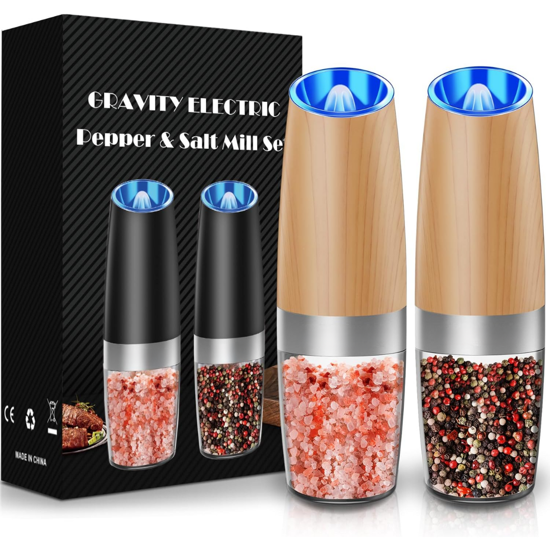 Automatic pepper mill with light, stainless steel, USB rechargeable for convenient kitchen use.