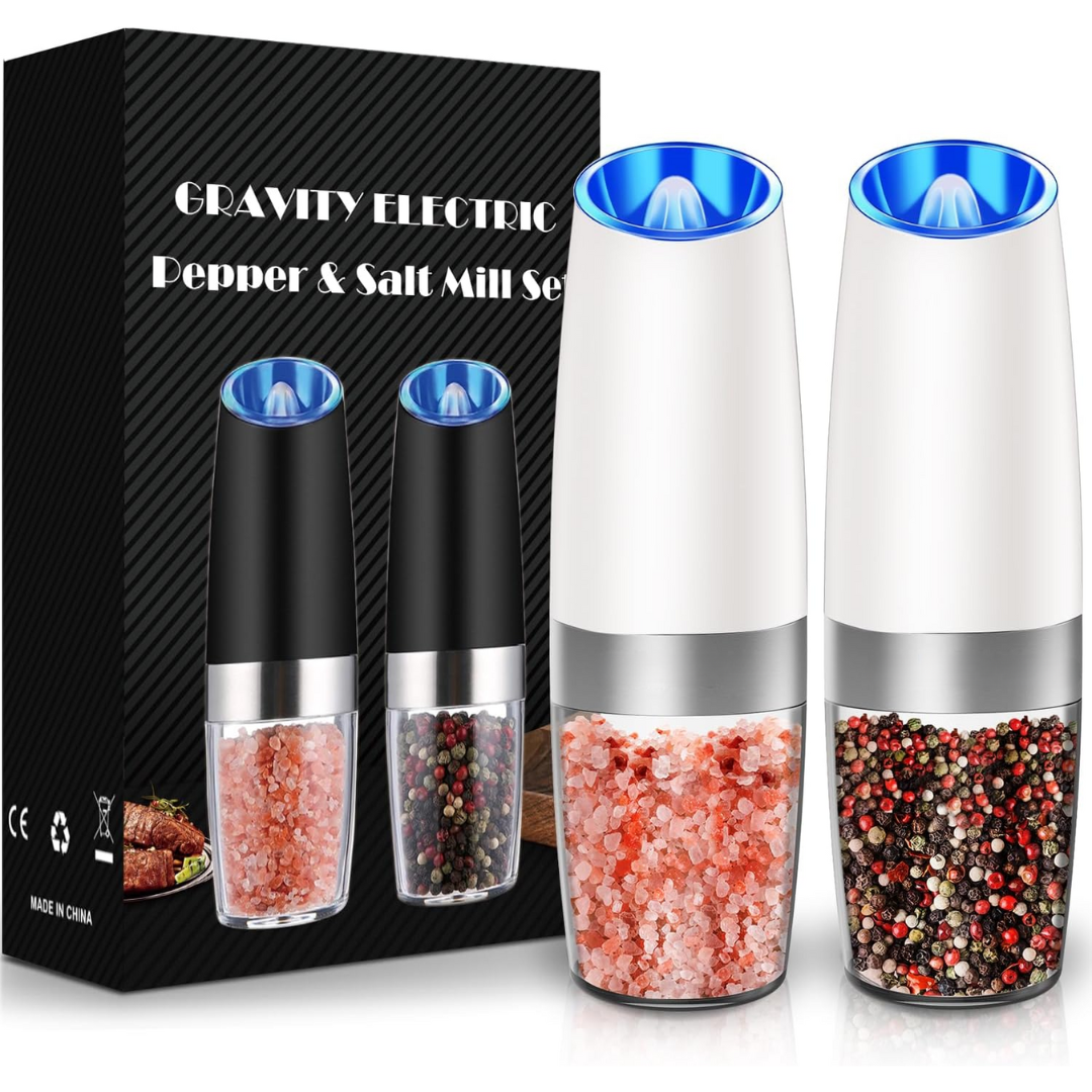 Modern electric pepper and salt grinder set, cordless, sleek design, ideal for any home chef.