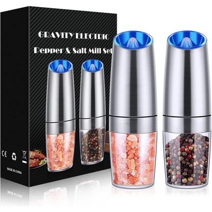 Kitchen gadget: rechargeable electric salt & pepper mills, one-hand operation, adjustable coarseness.