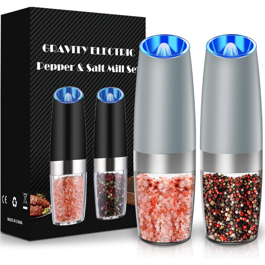 Set of 2 electric grinders: stainless steel pepper mill & salt grinder, USB charging, stylish.