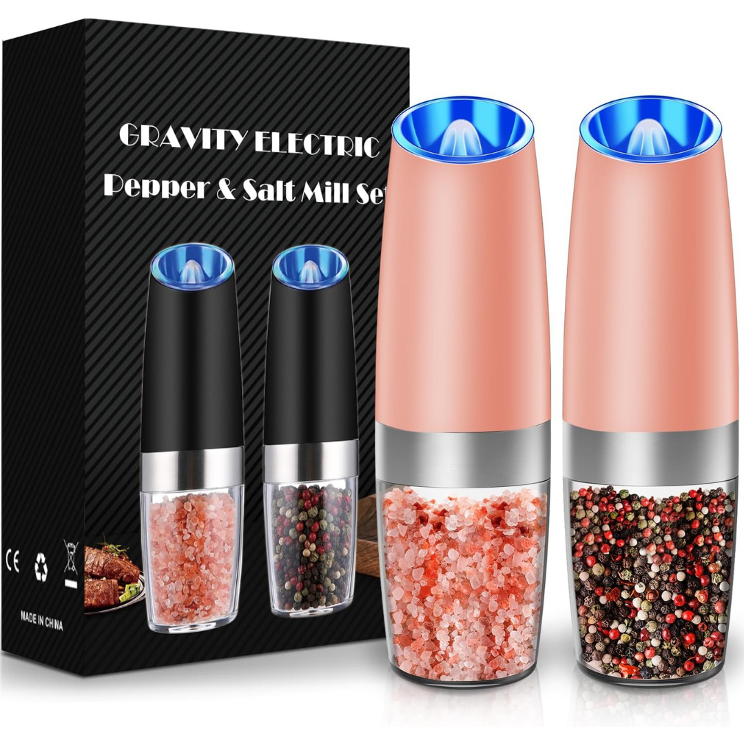 Rechargeable electric pepper & salt mill set, gravity sensor, easy one-hand spice grinding.