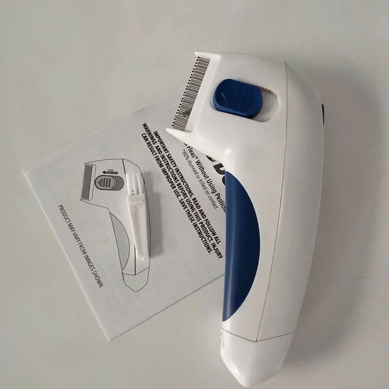 Close-up of the electric pet flea comb in action, gently removing fleas from a pet's fur.