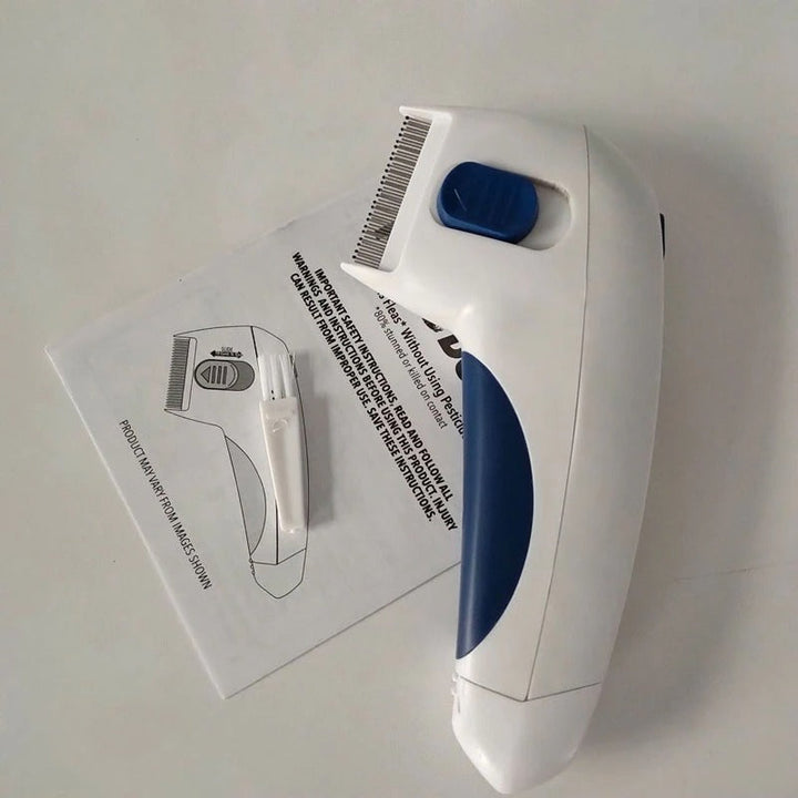 Close-up of the electric pet flea comb in action, gently removing fleas from a pet's fur.