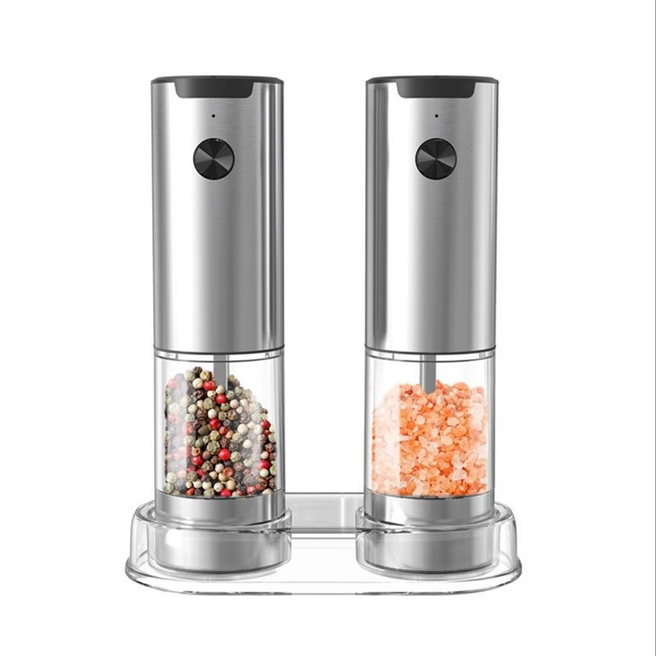 Electric Salt & Pepper Grinder Set with adjustable coarseness and bright LED light for easy spice milling.