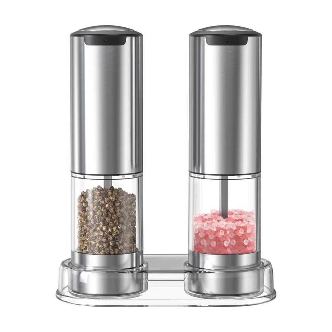 Sleek stainless steel automatic salt and pepper mills. Gravity-activated grinders for effortless seasoning.