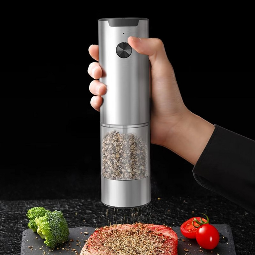 Modern electric spice grinder set with LED light and adjustable coarseness settings for perfect seasoning.