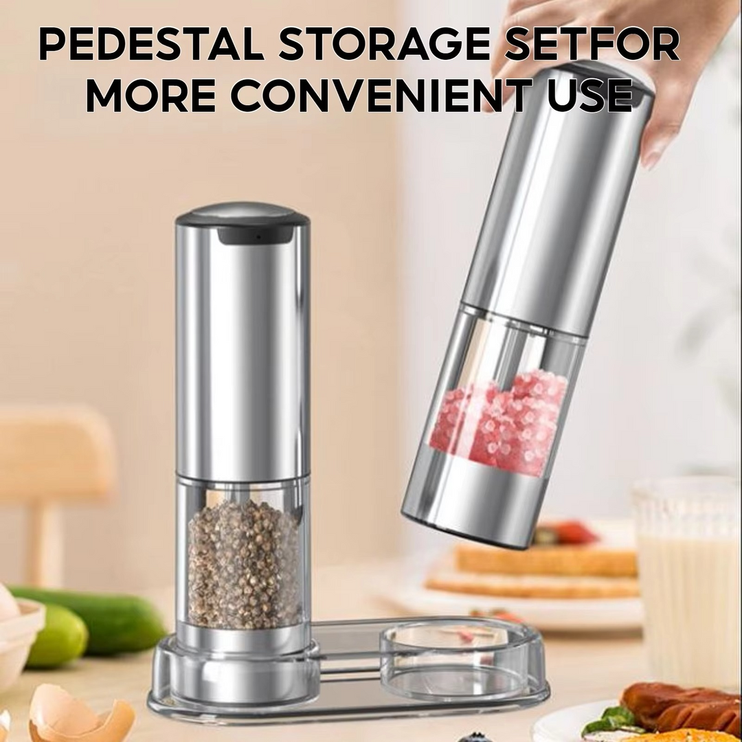 Two-pack electric salt & pepper grinders, essential kitchen gadgets for easy cooking & fresh ground spices.