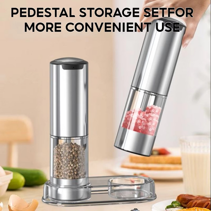 Two-pack electric salt & pepper grinders, essential kitchen gadgets for easy cooking & fresh ground spices.