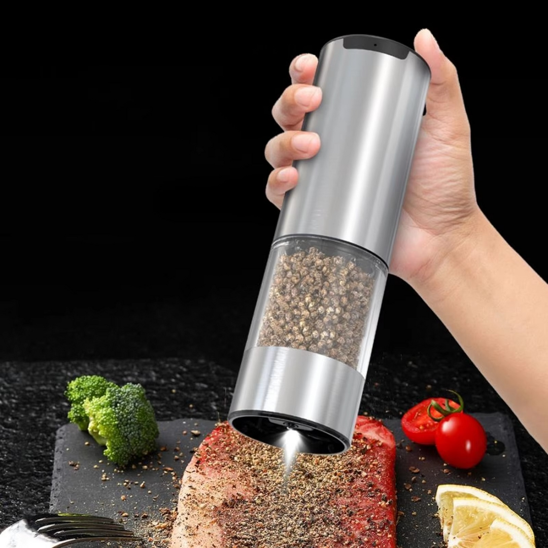 Automatic gravity salt and pepper mills. Stainless steel electric grinders with LED, perfect for kitchen use.