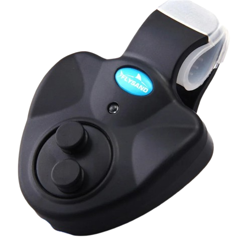 Electronic fishing rod bite alarm with bright LED for night fishing, a portable angler tool.