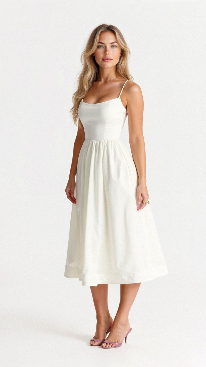 Elegant A-line midi dress for women with delicate spaghetti straps, perfect for spring and summer events.