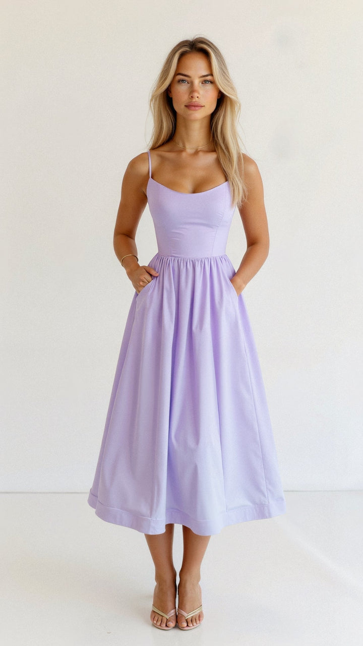 Women's elegant A-line midi dress, flowing fabric and spaghetti straps, perfect for warm weather fashion.