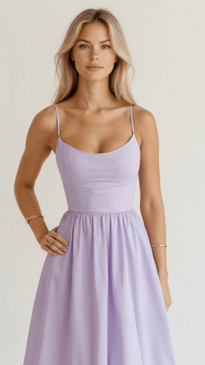 Beautiful A-line midi dress with spaghetti straps, women's elegant and versatile for summer outings.