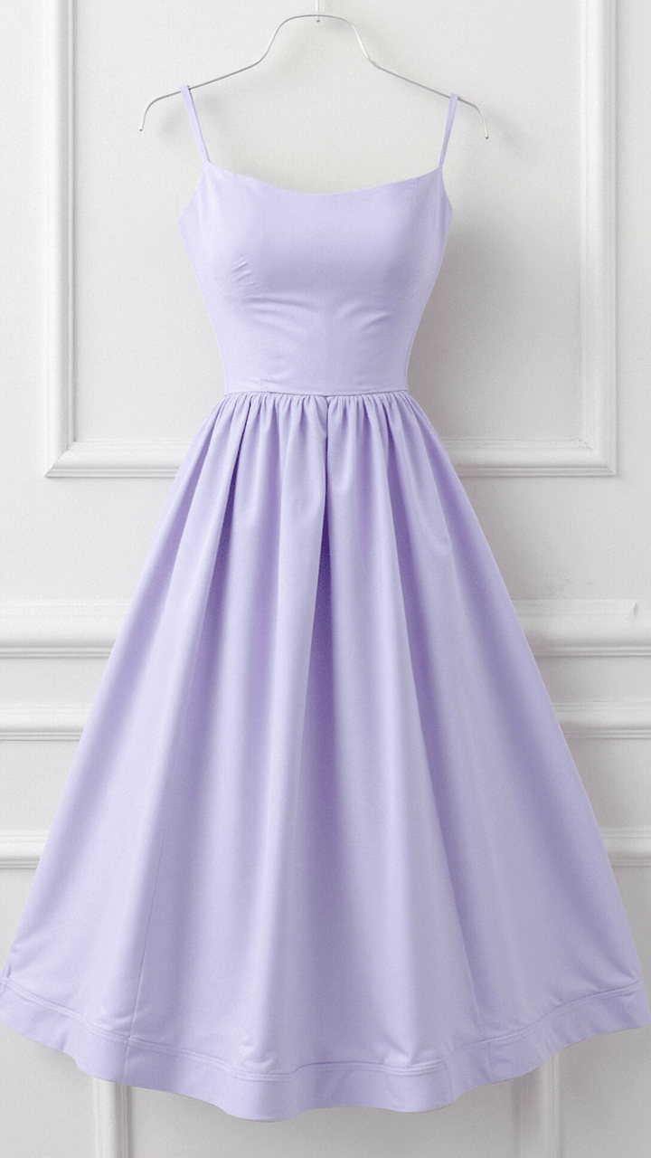 Women's elegant A-line midi dress, spaghetti strap design. Flowing style for special occasions or spring.