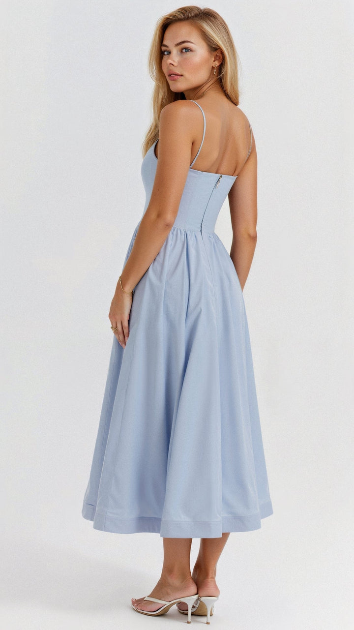 Classic women's A-line midi dress, spaghetti straps. Elegant, flowing style, perfect for summer and spring.