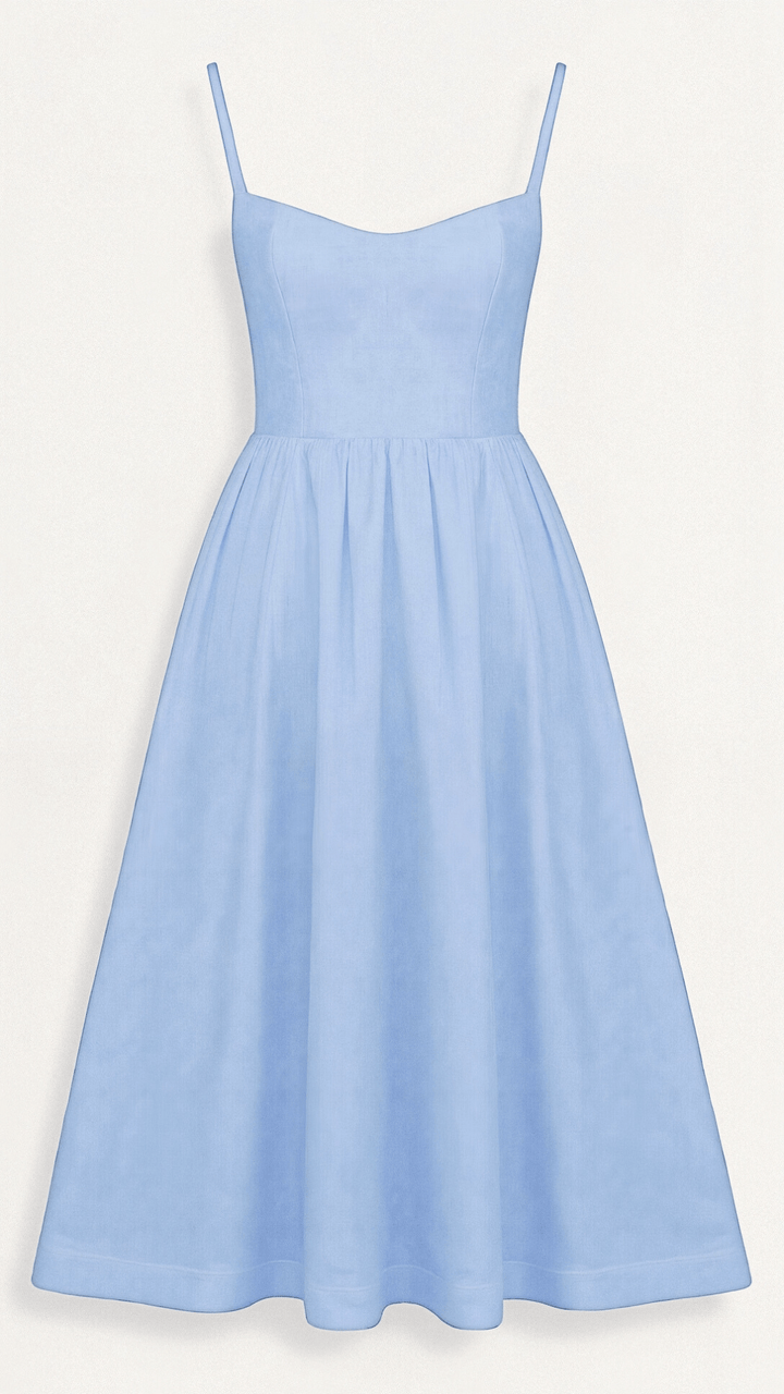 Elegant spaghetti strap A-line midi dress for women, ideal for sophisticated casual wear or events.