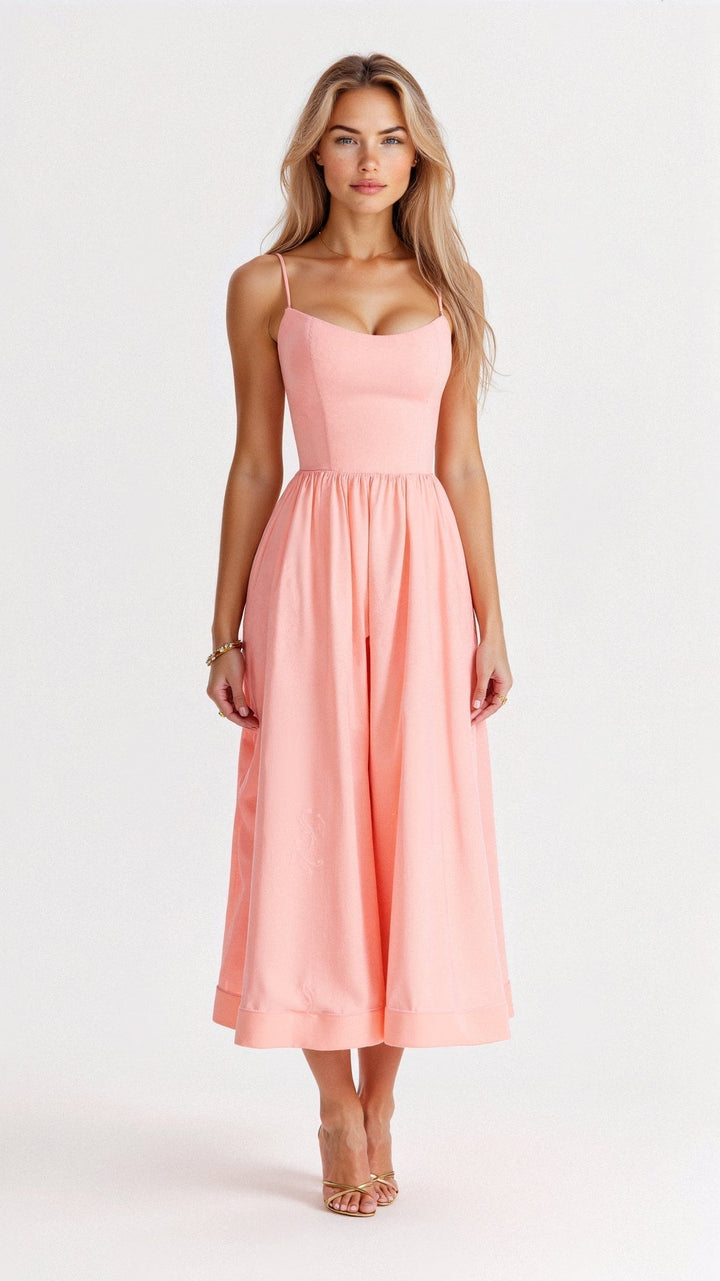 Summer-ready A-line midi dress with spaghetti straps, women's elegant and flowing design for versatility.