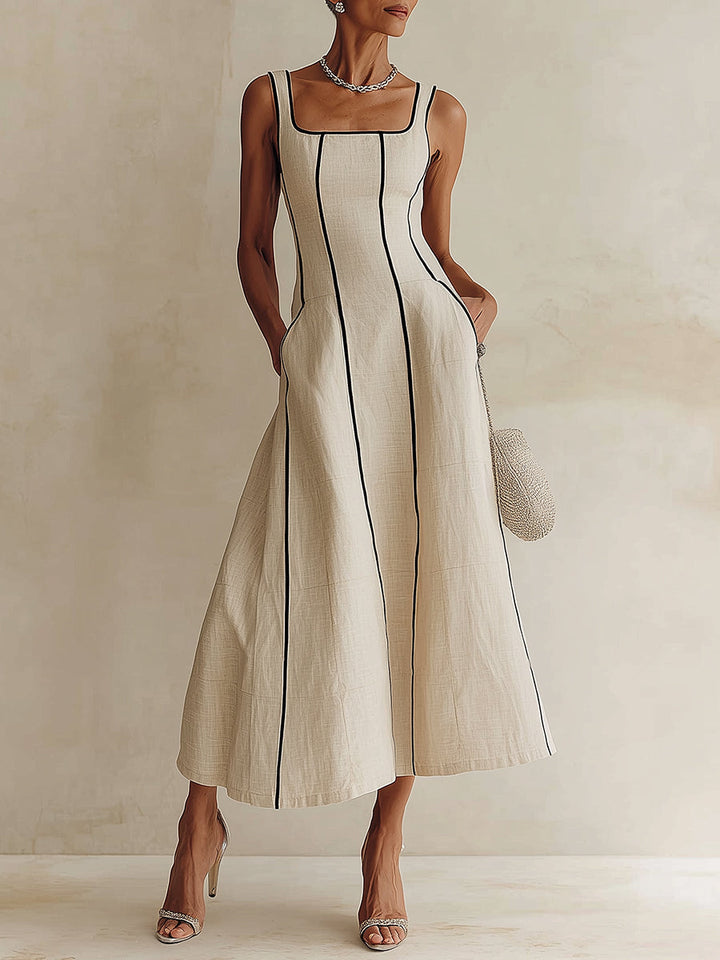 Elegant apricot maxi dress for women, featuring a square neck and flowy A-line silhouette, perfect for summer parties.