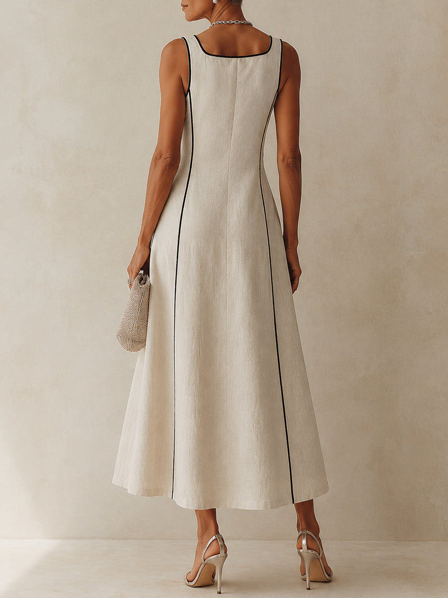 Sophisticated women's apricot A-line maxi dress with a stylish square neck, ideal for elegant evening wear.