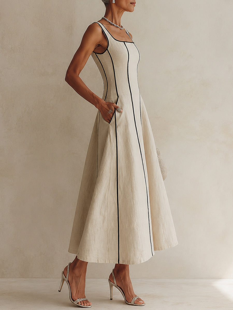Sleeveless apricot maxi dress for women with an elegant square neckline and flattering A-line cut, casual chic style.