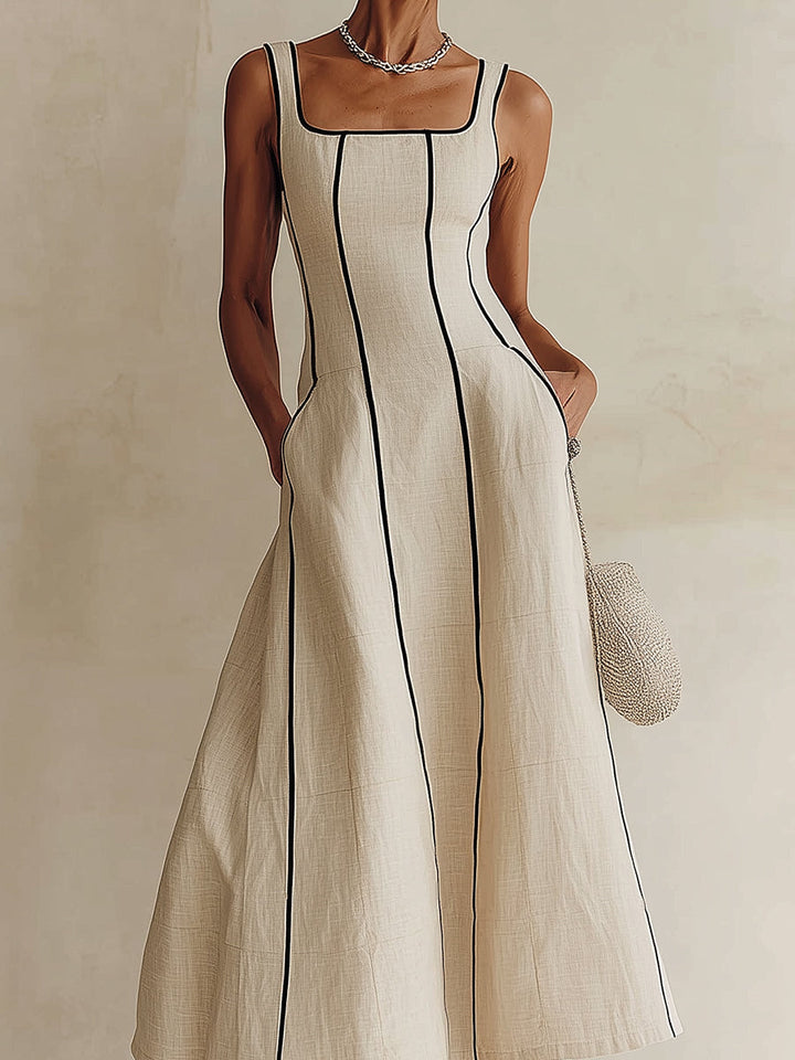 Beautiful apricot long dress for women, an elegant square neck A-line design, perfect for summer events and party wear.