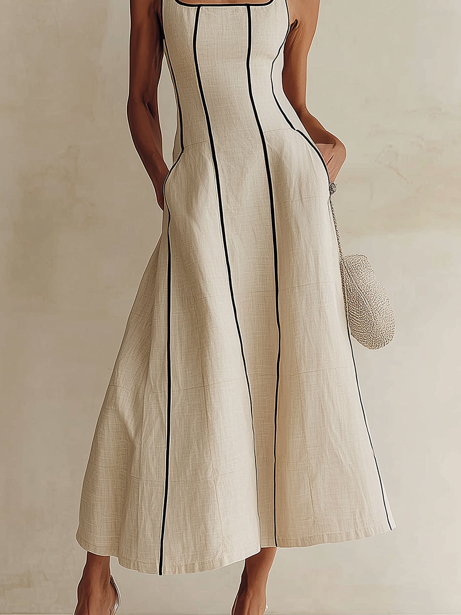 Women's apricot square neck maxi dress, an elegant sleeveless A-line design, ideal for sophisticated summer fashion.