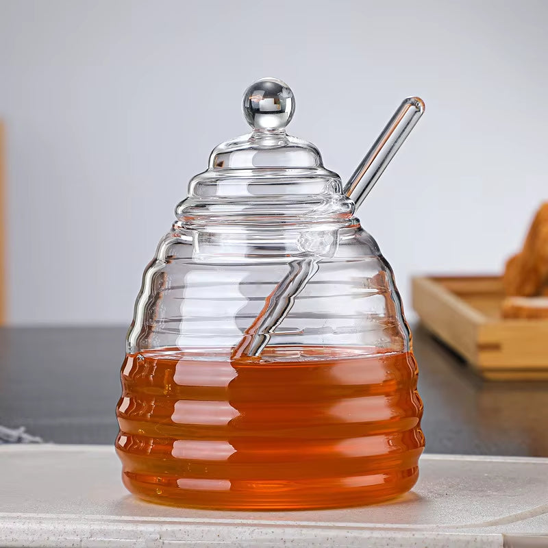 Sophisticated beehive glass honey jar, enhancing any kitchen or dining table.