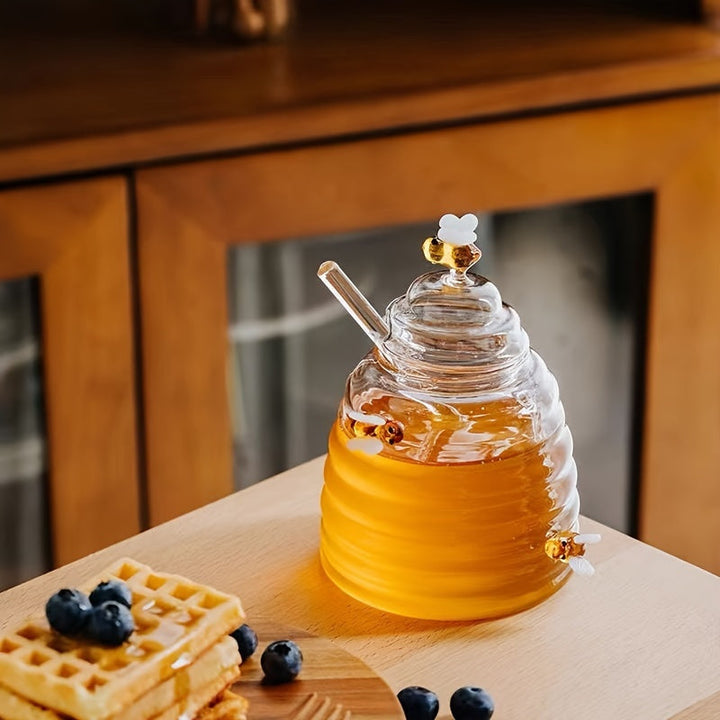 Beautiful beehive glass honey jar, an elegant syrup dispenser & kitchen gift.
