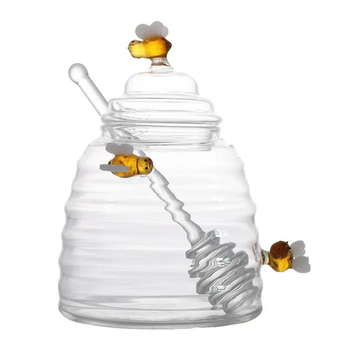 Hand-blown beehive glass honey jar, a unique borosilicate kitchen gift.