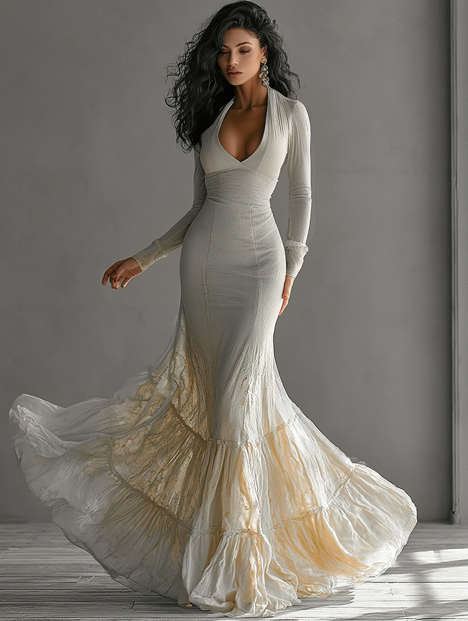 Elegant beige deep V-neck maxi dress for women. Long sleeve formal evening gown with a flattering mermaid ruffle hem.