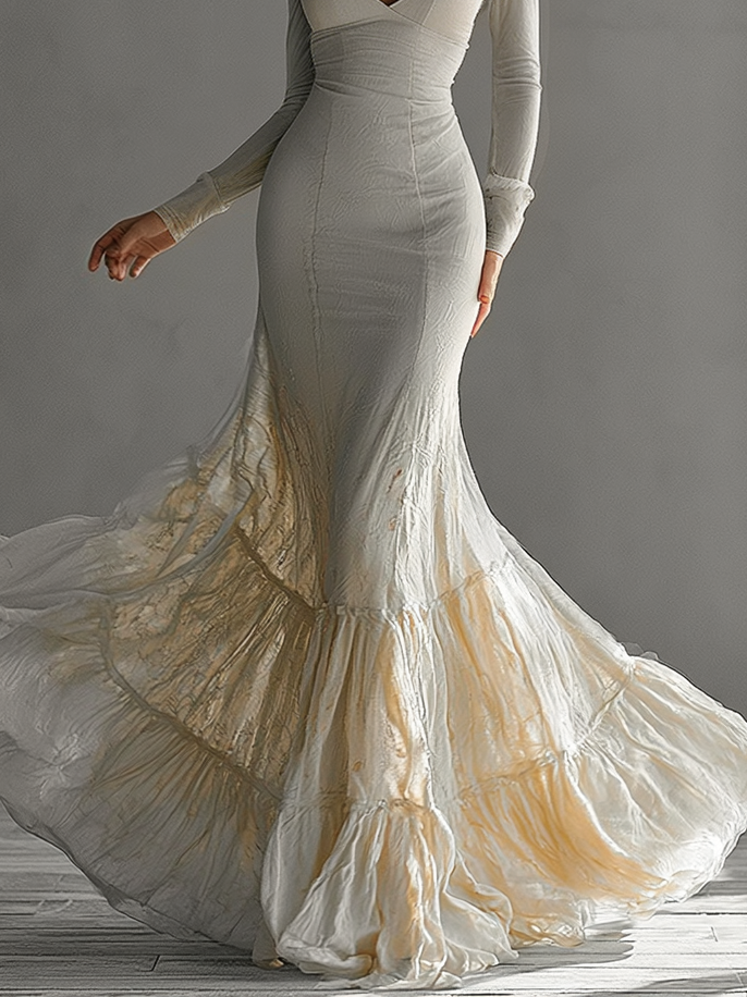 Women's formal beige maxi dress, a chic deep V-neck evening gown. Perfect black tie or special occasion attire.