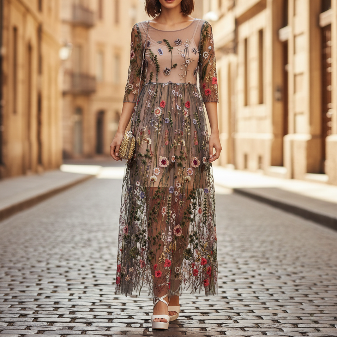 Elegant beige embroidered maxi dress for women, perfect for evening or formal occasions.